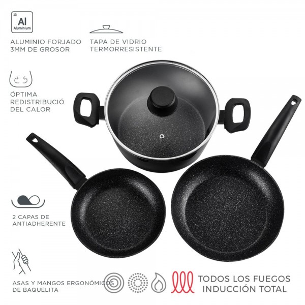 Set 2 sartenes + 1 olla vivant negra aluminio, medidas: sartenes ø20 / ø24 cm y olla ø24 cm